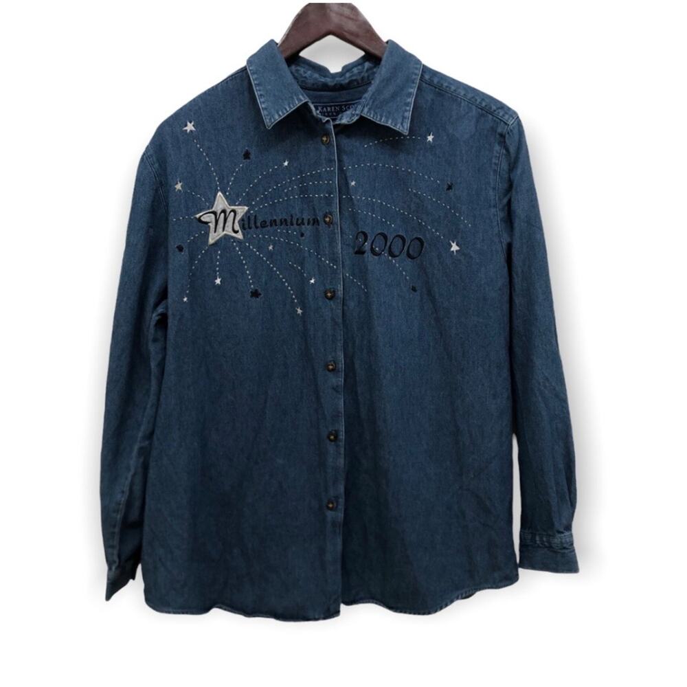 Vtg New Years Eve 2000 Embroidered Denim Button Down Shirt Womens L